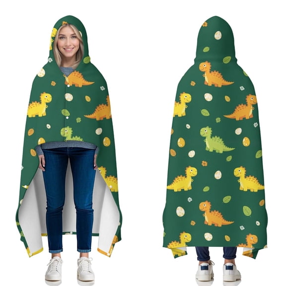 Wearable Blanket,Green Cartoon Dinosaurs Eggs Pattern Hooded Wearable Flannel Blanket for Adults & Teens with Buckle,Winter Poncho Shawl Wrap Cape,50"x60"