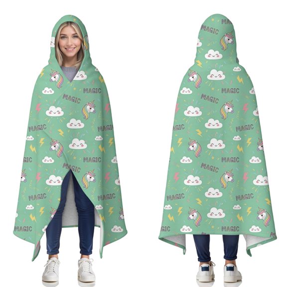 Wearable Blanket,Green Cartoon Unicorn Lightning MAGIC Cloud Pattern Hooded Wearable Sherpa Blanket for Adults & Teens,Winter Poncho Shawl Wrap Cape Thick Warm,60"x80"