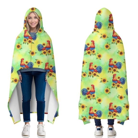 Wearable Blanket,Green Chicken Rooster Sunflower Pattern Hooded Wearable Flannel Blanket for Adults & Teens with Buckle,Winter Poncho Shawl Wrap Cape,60"x80"