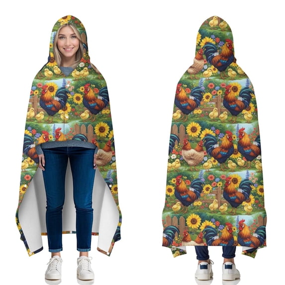 Wearable Blanket,Green Chicken Sunflower Pattern Hooded Wearable Flannel Blanket for Adults & Teens with Buckle,Winter Poncho Shawl Wrap Cape,50"x60"
