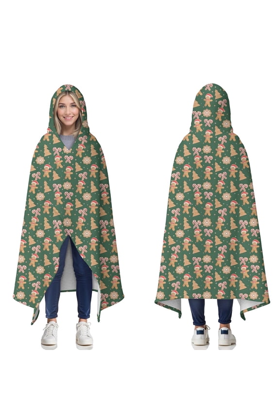 Wearable Blanket,Green Christmas Gingerbread and Tree Pattern Hooded Wearable Sherpa Blanket for Adults & Teens,Winter Poncho Shawl Wrap Cape Thick Warm,60"x80"