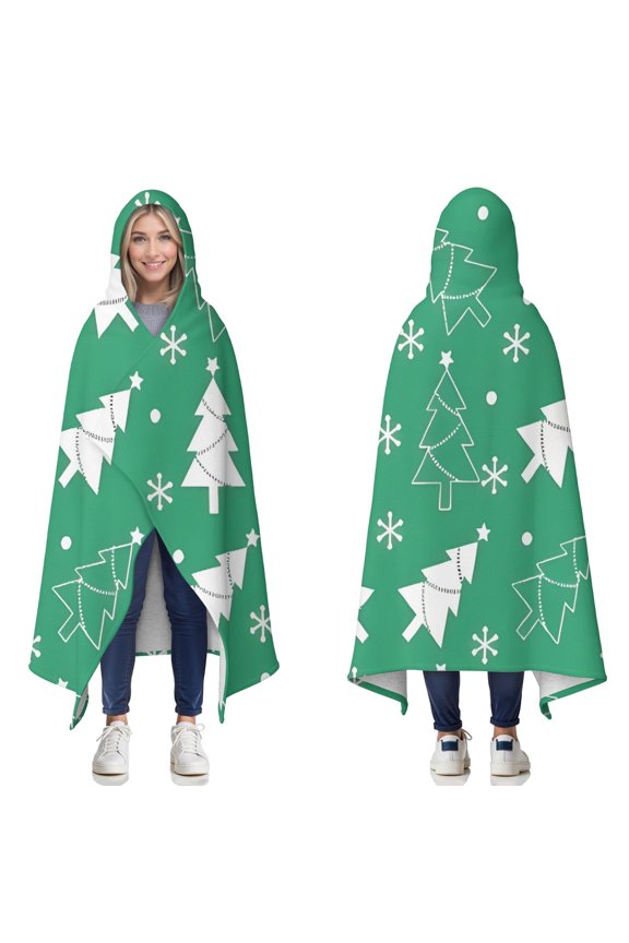 Wearable Blanket,Green Christmas Tree Pattern Hooded Wearable Sherpa Blanket for Adults & Teens,Winter Poncho Shawl Wrap Cape Thick Warm,50"x60"