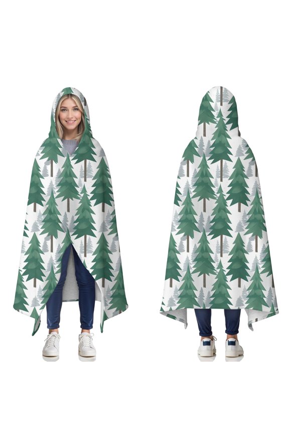 Wearable Blanket,Green Christmas Tree Pattern Hooded Wearable Sherpa Blanket for Adults & Teens,Winter Poncho Shawl Wrap Cape Thick Warm,60"x80"