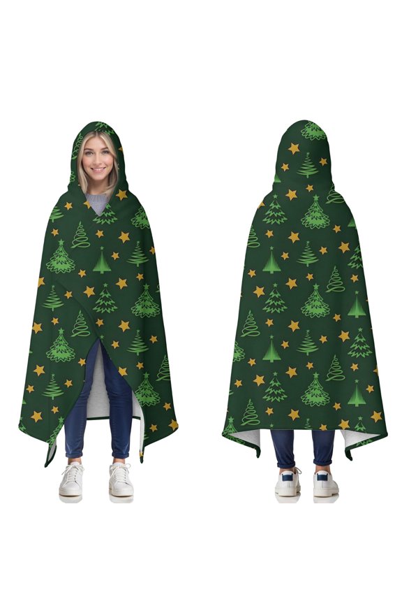 Wearable Blanket,Green Christmas Tree and Star Pattern Hooded Wearable Sherpa Blanket for Adults & Teens,Winter Poncho Shawl Wrap Cape Thick Warm,50"x60"