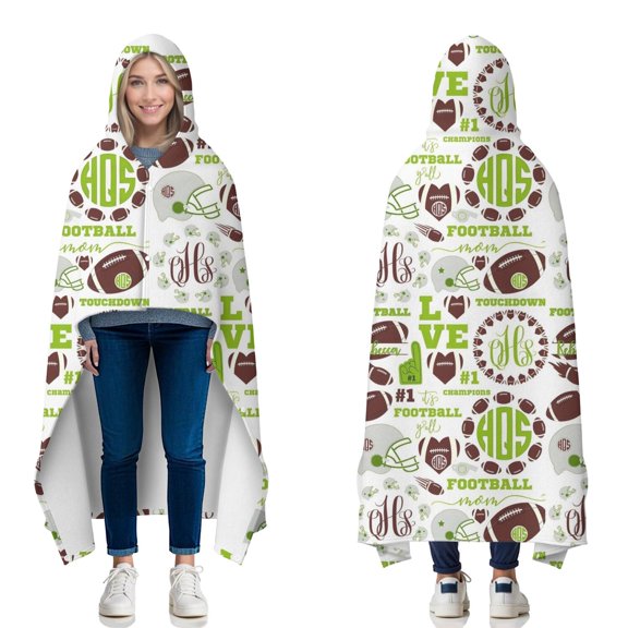 Wearable Blanket,Green Football Monogram Pattern Hooded Wearable Flannel Blanket for Adults & Teens with Buckle,Winter Poncho Shawl Wrap Cape,50"x60"