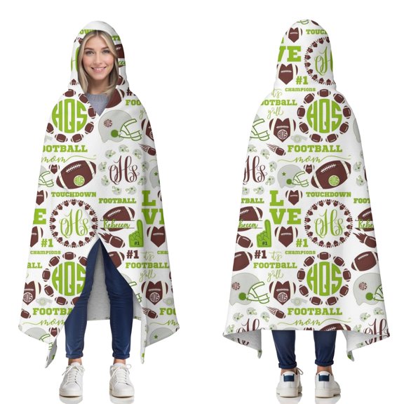 Wearable Blanket,Green Football Monogram Pattern Hooded Wearable Sherpa Blanket for Adults & Teens,Winter Poncho Shawl Wrap Cape Thick Warm,50"x60"