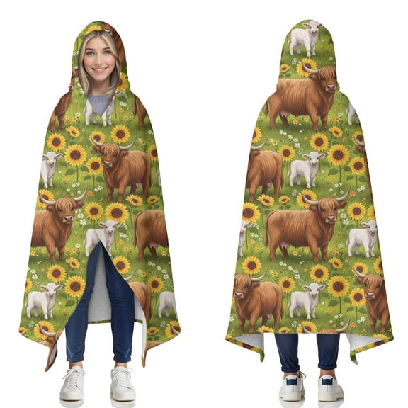 Wearable Blanket,Green Highland Cow Sunflower Field Pattern Hooded Wearable Sherpa Blanket for Adults & Teens,Winter Poncho Shawl Wrap Cape Thick Warm,50"x60"