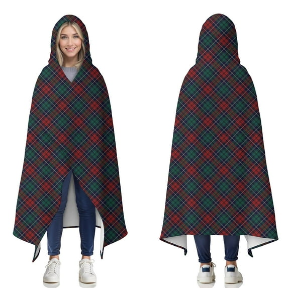Wearable Blanket,Green and Red Christmas Plaid Pattern Hooded Wearable Flannel Blanket for Adults & Teens,Winter Poncho Shawl Wrap Cape Cozy Anti-Pill,50"x60"