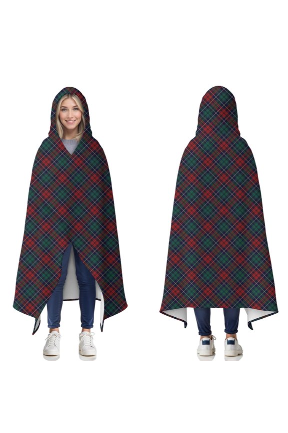 Wearable Blanket,Green and Red Christmas Plaid Pattern Hooded Wearable Flannel Blanket for Adults & Teens,Winter Poncho Shawl Wrap Cape Cozy Anti-Pill,50"x60"