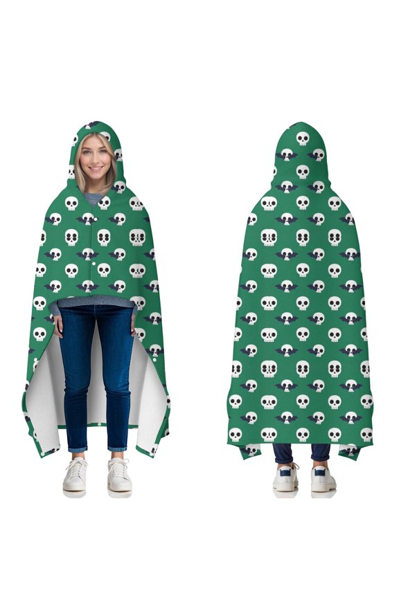 Wearable Blanket,Green Skull Bat Pattern Hooded Wearable Flannel Blanket for Adults & Teens with Buckle,Winter Poncho Shawl Wrap Cape,50"x60"