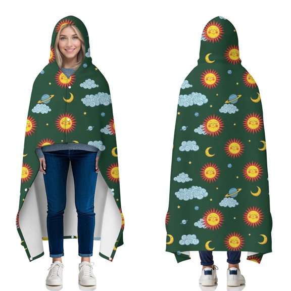 Wearable Blanket,Green Sun Moon Cloud Planet Pattern Hooded Wearable Flannel Blanket for Adults & Teens with Buckle,Winter Poncho Shawl Wrap Cape,50"x60"