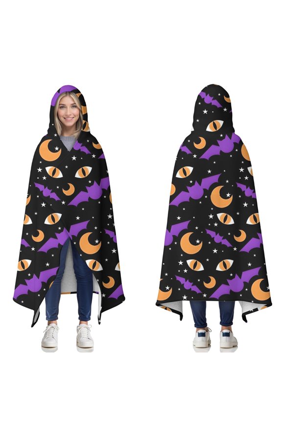 Wearable Blanket,Halloween Bat Moon Eye Pattern Hooded Wearable Sherpa Blanket for Adults & Teens,Winter Poncho Shawl Wrap Cape Thick Warm,50"x60"
