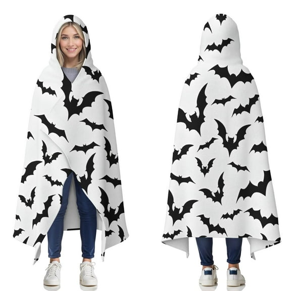 Wearable Blanket,Halloween Bat Pattern Hooded Wearable Flannel Blanket for Adults & Teens,Winter Poncho Shawl Wrap Cape Cozy Anti-Pill,50"x60"