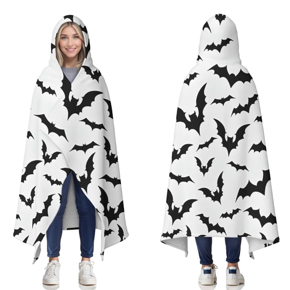 Wearable Blanket,Halloween Bat Pattern Hooded Wearable Sherpa Blanket for Adults & Teens,Winter Poncho Shawl Wrap Cape Thick Warm,50"x60"
