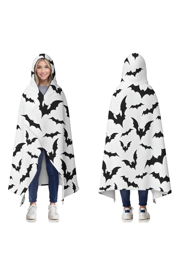 Wearable Blanket,Halloween Bat Pattern Hooded Wearable Sherpa Blanket for Adults & Teens,Winter Poncho Shawl Wrap Cape Thick Warm,50"x60"