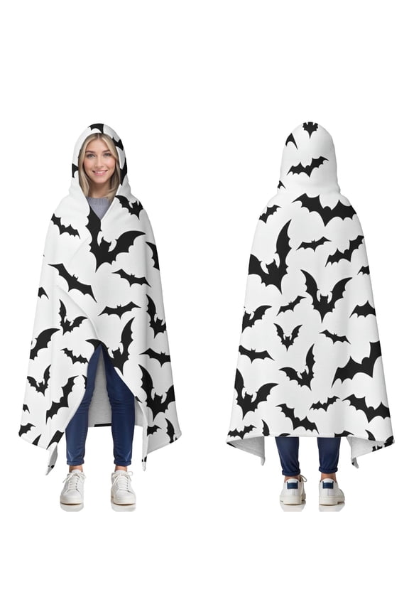 Wearable Blanket,Halloween Bat Pattern Hooded Wearable Sherpa Blanket for Adults & Teens,Winter Poncho Shawl Wrap Cape Thick Warm,60"x80"