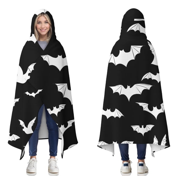 Wearable Blanket,Halloween Bat Silhouettes Hooded Wearable Flannel Blanket for Adults & Teens,Winter Poncho Shawl Wrap Cape Cozy Anti-Pill,50"x60"