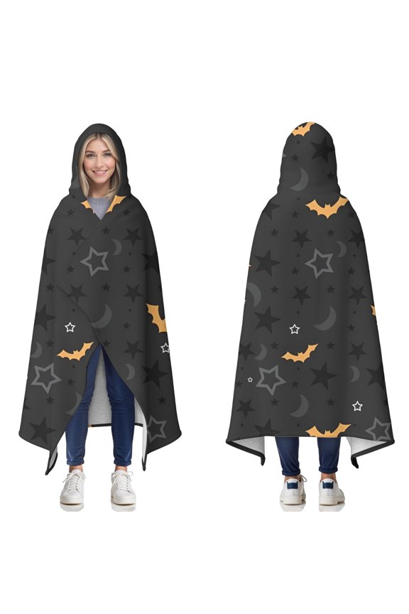 Wearable Blanket,Halloween Bats and Stars Pattern Hooded Wearable Sherpa Blanket for Adults & Teens,Winter Poncho Shawl Wrap Cape Thick Warm,50"x60"