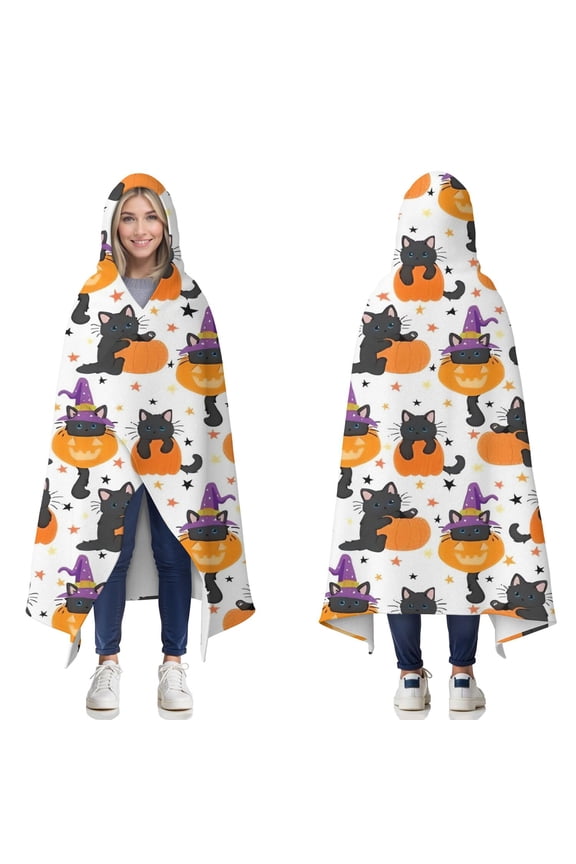 Wearable Blanket,Halloween Black Cats with Pumpkins and Witch Hats Hooded Wearable Flannel Blanket for Adults & Teens,Winter Poncho Shawl Wrap Cape Cozy Anti-Pill,60"x80"