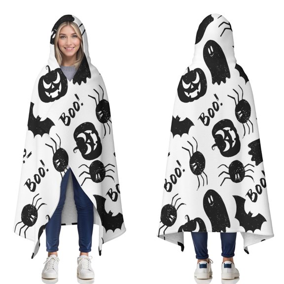 Wearable Blanket,Halloween Black Ghosts Bats and Pumpkins Hooded Wearable Sherpa Blanket for Adults & Teens,Winter Poncho Shawl Wrap Cape Thick Warm,50"x60"