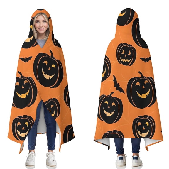 Wearable Blanket,Halloween Black Pumpkins and Bats Hooded Wearable Flannel Blanket for Adults & Teens,Winter Poncho Shawl Wrap Cape Cozy Anti-Pill,50"x60"