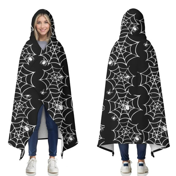 Wearable Blanket,Halloween Black and White Spider Webs and Spiders Hooded Wearable Sherpa Blanket for Adults & Teens,Winter Poncho Shawl Wrap Cape Thick Warm,50"x60"