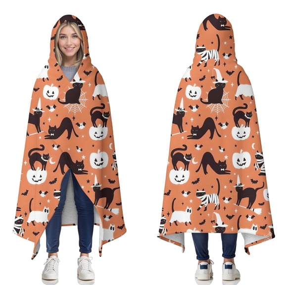 Wearable Blanket,Halloween Cat Pattern Hooded Wearable Sherpa Blanket for Adults & Teens,Winter Poncho Shawl Wrap Cape Thick Warm,50"x60"