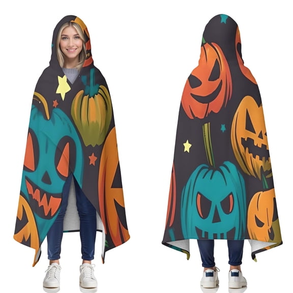 Wearable Blanket,Halloween Colorful Jack Lanterns Hooded Wearable Sherpa Blanket for Adults & Teens,Winter Poncho Shawl Wrap Cape Thick Warm,50"x60"