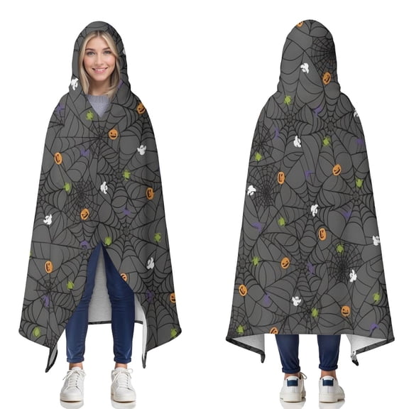 Wearable Blanket,Halloween Colorful Spider Web Pattern Hooded Wearable Sherpa Blanket for Adults & Teens,Winter Poncho Shawl Wrap Cape Thick Warm,50"x60"