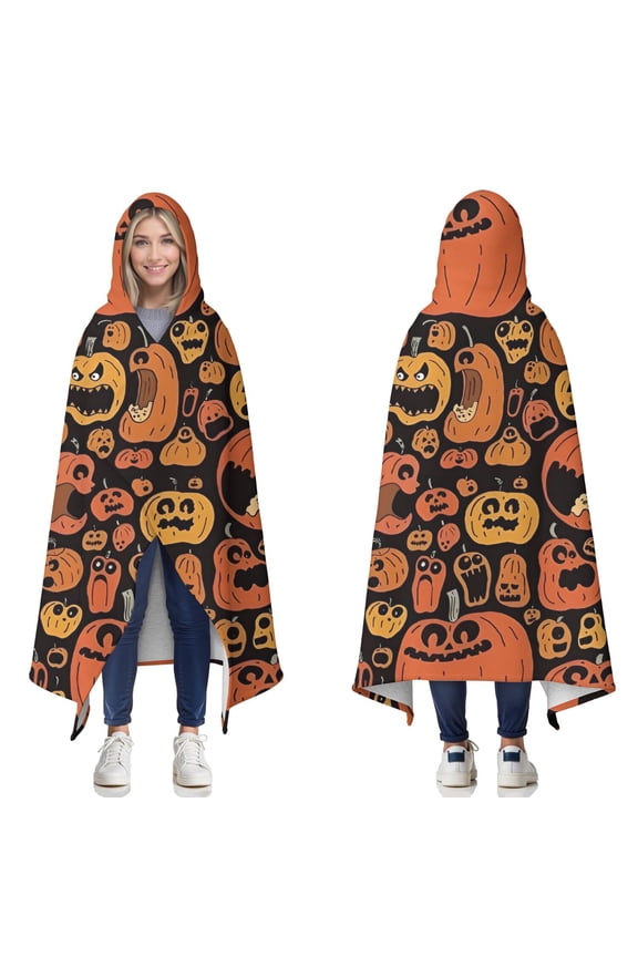Wearable Blanket,Halloween Crazy Pumpkins Pattern Hooded Wearable Sherpa Blanket for Adults & Teens,Winter Poncho Shawl Wrap Cape Thick Warm,50"x60"