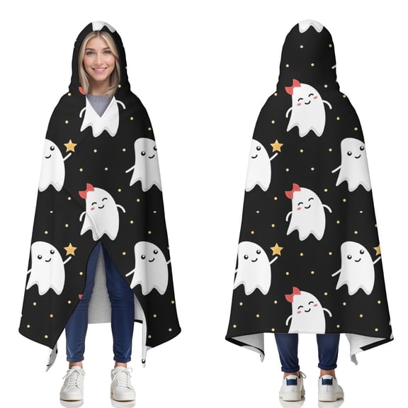 Wearable Blanket,Halloween Cute Ghosts Pattern Hooded Wearable Sherpa Blanket for Adults & Teens,Winter Poncho Shawl Wrap Cape Thick Warm,60"x80"