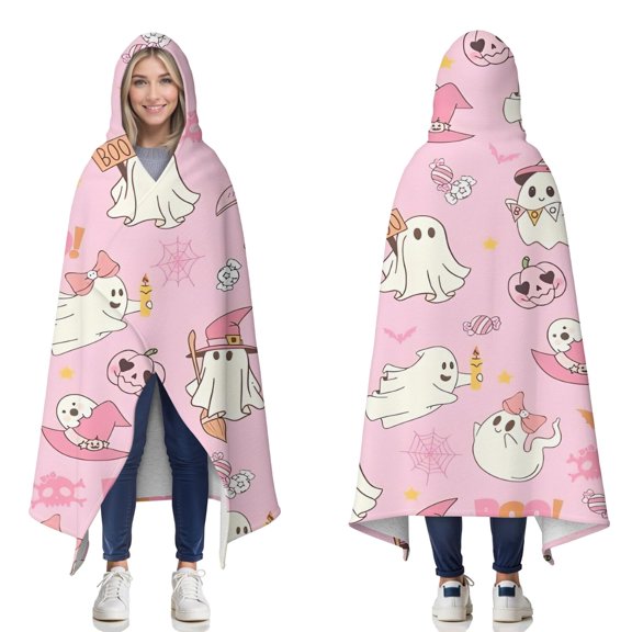 Wearable Blanket,Halloween Cute Ghosts with Boo Hooded Wearable Sherpa Blanket for Adults & Teens,Winter Poncho Shawl Wrap Cape Thick Warm,50"x60"