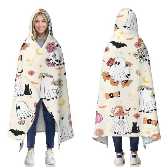 Wearable Blanket,Halloween Cute Ghosts with Boo Hooded Wearable Sherpa Blanket for Adults & Teens,Winter Poncho Shawl Wrap Cape Thick Warm,50"x60"