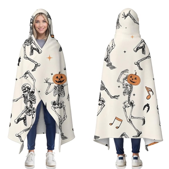 Wearable Blanket,Halloween Dancing Skeletons Hooded Wearable Sherpa Blanket for Adults & Teens,Winter Poncho Shawl Wrap Cape Thick Warm,60"x80"