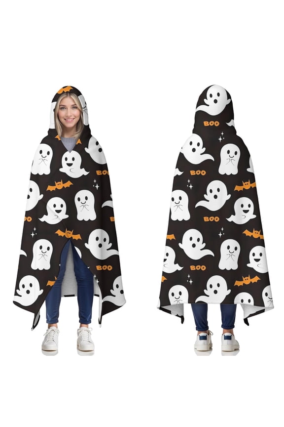 Wearable Blanket,Halloween Ghost Bat Pattern Hooded Wearable Sherpa Blanket for Adults & Teens,Winter Poncho Shawl Wrap Cape Thick Warm,50"x60"