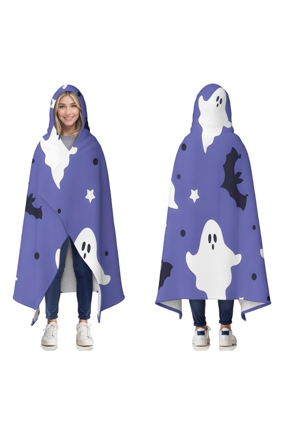 Wearable Blanket,Halloween Ghost Bat Pattern Hooded Wearable Sherpa Blanket for Adults & Teens,Winter Poncho Shawl Wrap Cape Thick Warm,60"x80"