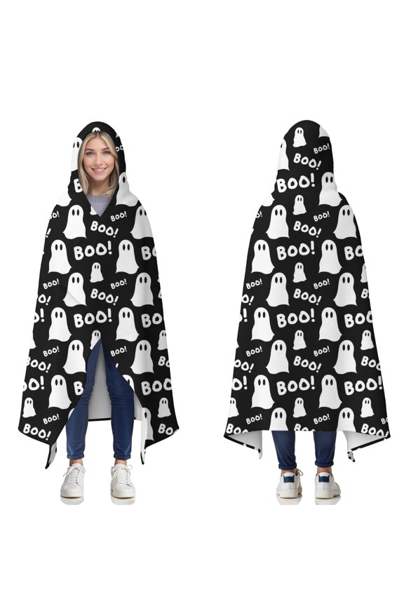 Wearable Blanket,Halloween Ghost Boo Pattern Hooded Wearable Flannel Blanket for Adults & Teens,Winter Poncho Shawl Wrap Cape Cozy Anti-Pill,50"x60"