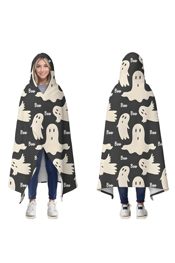 Wearable Blanket,Halloween Ghost Boo Pattern Hooded Wearable Sherpa Blanket for Adults & Teens,Winter Poncho Shawl Wrap Cape Thick Warm,50"x60"