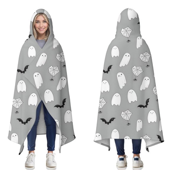 Wearable Blanket,Halloween Ghost Pattern Hooded Wearable Sherpa Blanket for Adults & Teens,Winter Poncho Shawl Wrap Cape Thick Warm,60"x80"