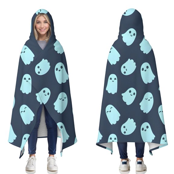 Wearable Blanket,Halloween Ghost Pattern Hooded Wearable Sherpa Blanket for Adults & Teens,Winter Poncho Shawl Wrap Cape Thick Warm,60"x80"