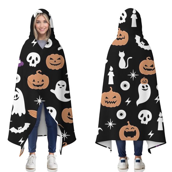 Wearable Blanket,Halloween Ghost Pumpkin Pattern Hooded Wearable Flannel Blanket for Adults & Teens,Winter Poncho Shawl Wrap Cape Cozy Anti-Pill,50"x60"