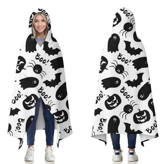 Wearable Blanket,Halloween Ghosts Bats and Pumpkins Hooded Wearable Flannel Blanket for Adults & Teens,Winter Poncho Shawl Wrap Cape Cozy Anti-Pill,50"x60"