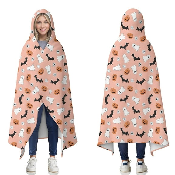Wearable Blanket,Halloween Ghosts Bats and Pumpkins Hooded Wearable Flannel Blanket for Adults & Teens,Winter Poncho Shawl Wrap Cape Cozy Anti-Pill,50"x60"