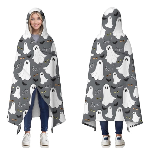 Wearable Blanket,Halloween Ghosts Bats and Eyes Hooded Wearable Sherpa Blanket for Adults & Teens,Winter Poncho Shawl Wrap Cape Thick Warm,60"x80"