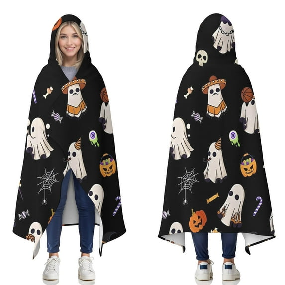 Wearable Blanket,Halloween Ghosts with Costumes Hooded Wearable Flannel Blanket for Adults & Teens,Winter Poncho Shawl Wrap Cape Cozy Anti-Pill,50"x60"