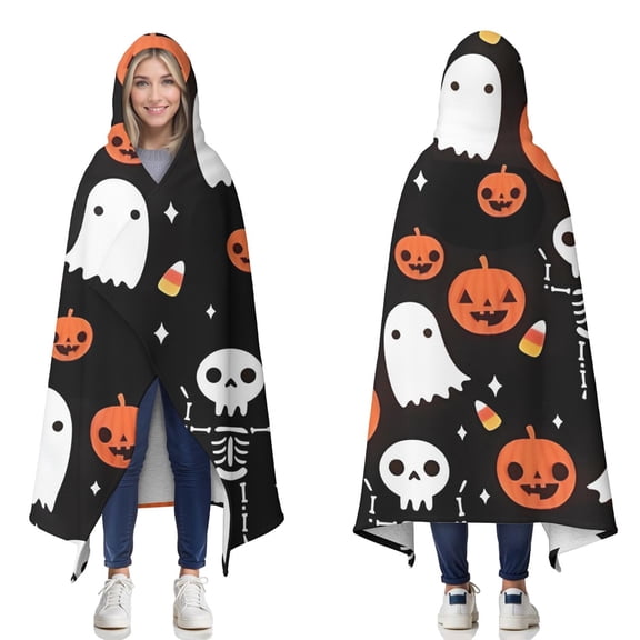 Wearable Blanket,Halloween Ghosts Pumpkins and Skeletons Hooded Wearable Sherpa Blanket for Adults & Teens,Winter Poncho Shawl Wrap Cape Thick Warm,60"x80"