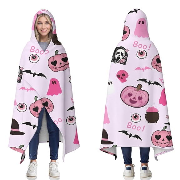 Wearable Blanket,Halloween Ghosts Pumpkins and Skulls Hooded Wearable Sherpa Blanket for Adults & Teens,Winter Poncho Shawl Wrap Cape Thick Warm,60"x80"