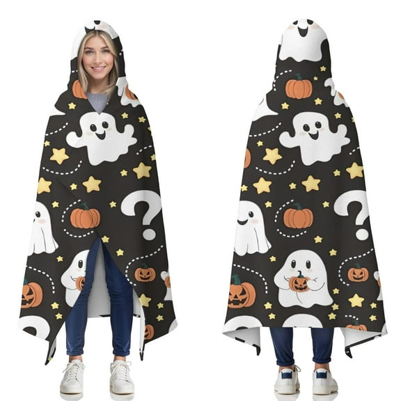 Wearable Blanket,Halloween Ghosts with Pumpkins and Stars Hooded Wearable Flannel Blanket for Adults & Teens,Winter Poncho Shawl Wrap Cape Cozy Anti-Pill,50"x60"