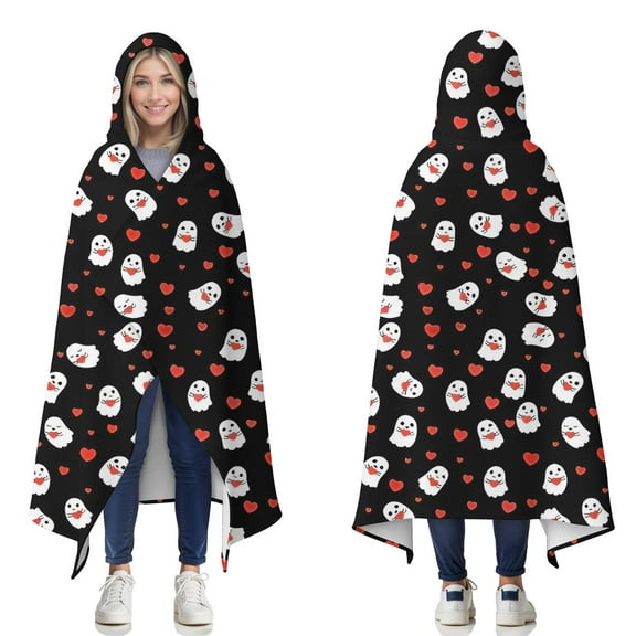 Wearable Blanket,Halloween Ghosts with Red Hearts Hooded Wearable Flannel Blanket for Adults & Teens,Winter Poncho Shawl Wrap Cape Cozy Anti-Pill,50"x60"