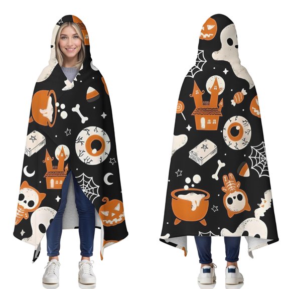 Wearable Blanket,Halloween Ghosts and Spooky Elements Hooded Wearable Sherpa Blanket for Adults & Teens,Winter Poncho Shawl Wrap Cape Thick Warm,50"x60"
